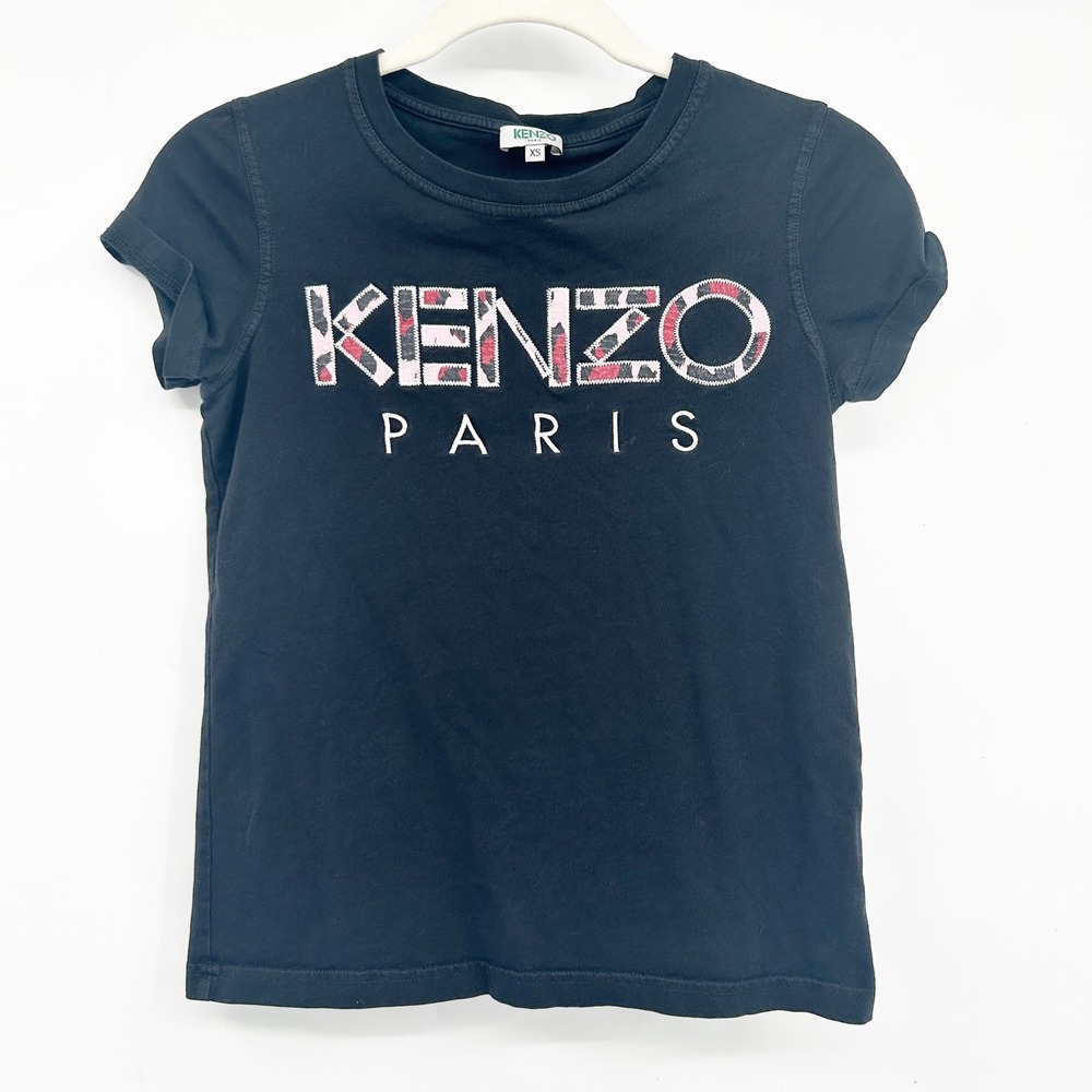 KENZO PARIS Womens Black XS Embroidered Plaid Logo Short Sleeve Baby Tee T Shirt